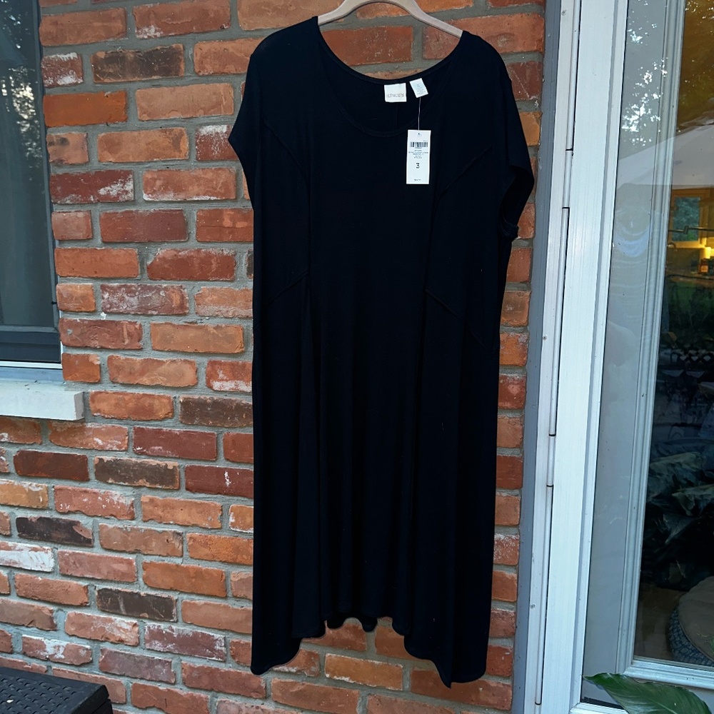 NWT Chicos Sydney Seamed Short Sleeve Dress Size 3  Black Stretch